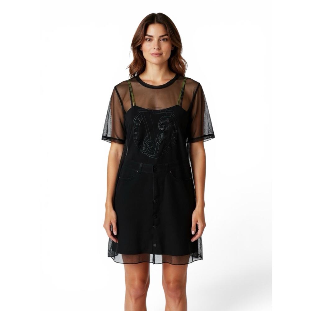 Versace Jeans Black Sheer Mesh Shift Dress Short Sleeve Round Neck Logo S/M